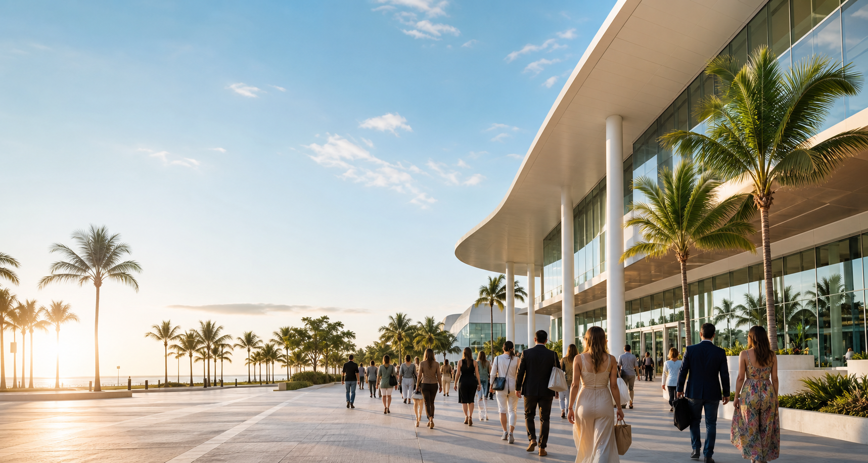Premium Miami Beach convention district with palm trees and attendees arriving