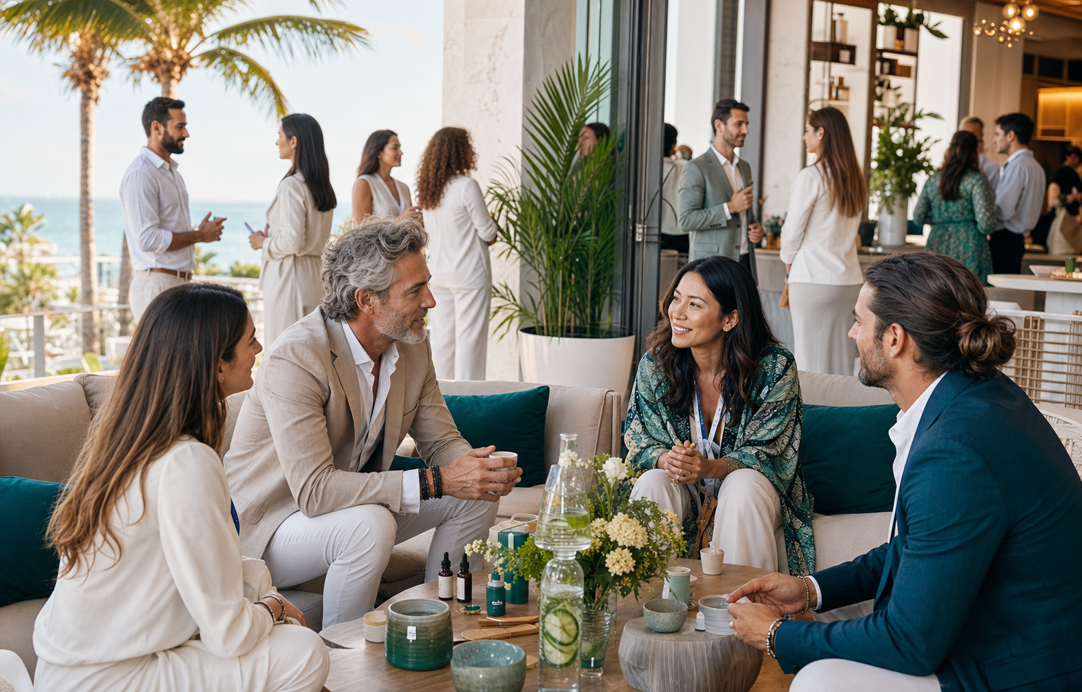 Premium Miami Beach networking lounge with wellness and sponsor conversations